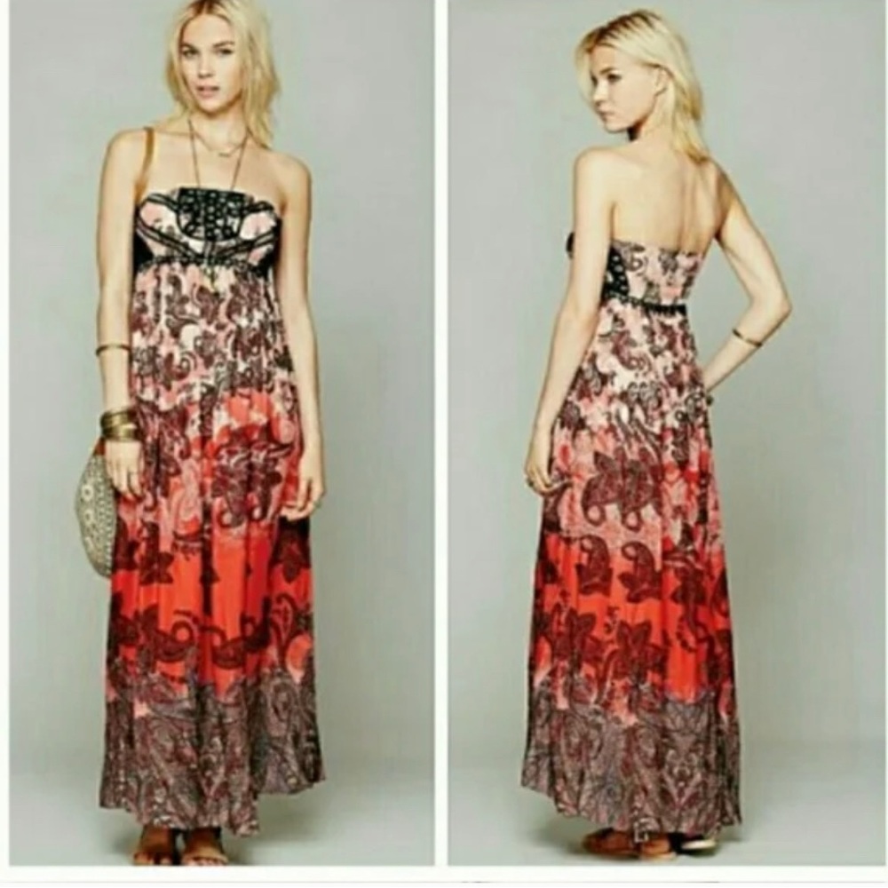 Free People Strapless Pink Paisley Sekayi Maxi Dress S